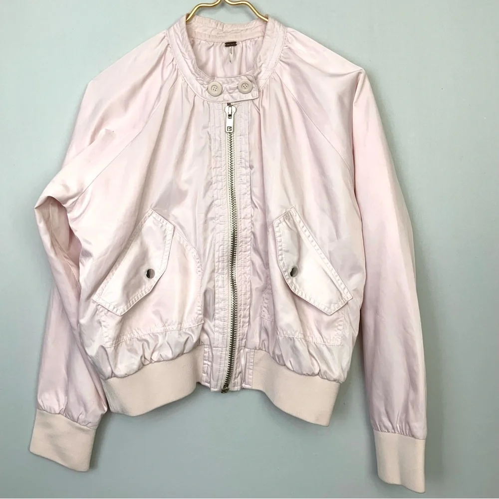 Free‎ People Sz Small Midnight Bomber Blush Light Pink Zip Jacket Pockets